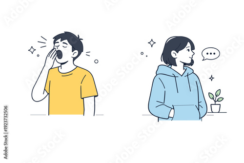 People yawning unposed. Two people stand apart, one yawning while the other looks elsewhere, no direct interaction. Unfiltered moment in a