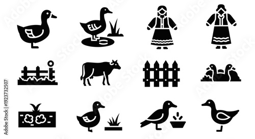 Farm animal and rural life silhouette icons set