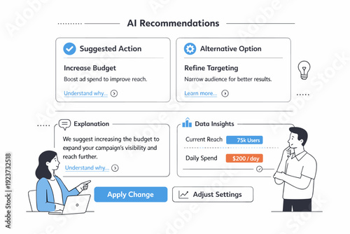 Transparent AI Interface. Transparent AI decisions. A clean interface showing AI recommendations alongside simple explanations and info cards, emphasizing