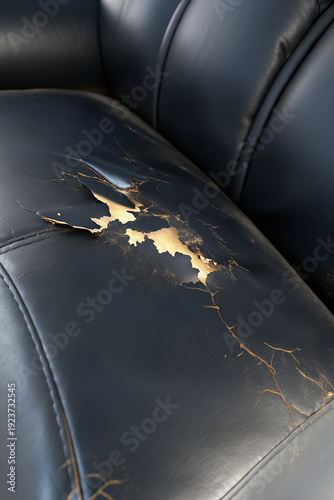 Wallpaper Mural A close-up view of a damaged black leather sofa with torn upholstery Torontodigital.ca