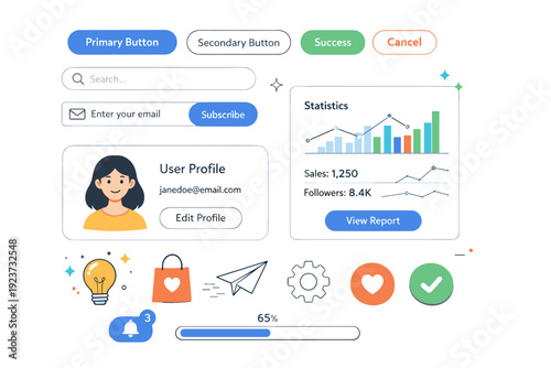 Flat UI elements. Buttons, cards, and icons arranged neatly on a clean canvas. Consistent style and friendly modern tone. Minimalist flat