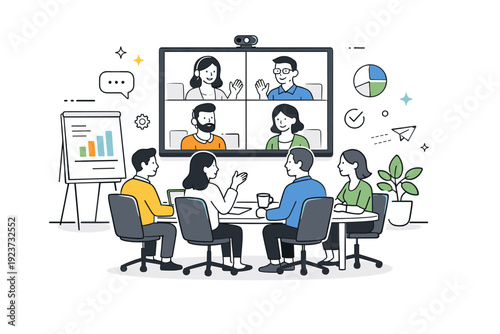 Hybrid meeting room setups. Modern meeting room with a large screen showing remote participants while a small group sits at the table. Smooth collaboration