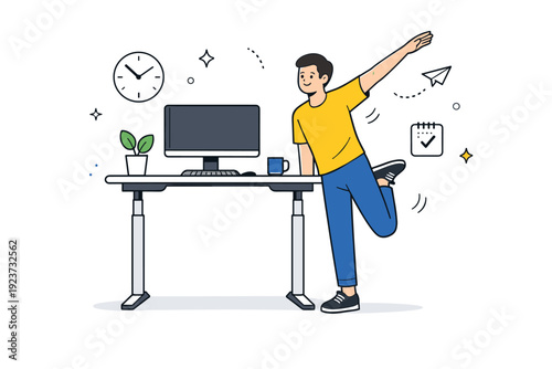 Standing desk stretch. A worker at a standing desk stretching legs and arms during a short break. Balanced work posture scene with monitor,