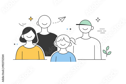 Smiling without reason. Abstract editorial scene with people reduced to simple shapes, subtle curved mouth lines suggesting smiles. Quiet