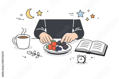 Evening snack wind-down ritual. A cozy setting with a person placing berries and dark chocolate on a small dish, soft lighting and floating