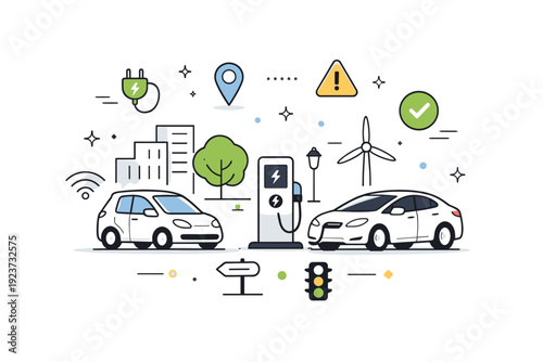 Smart urban mobility. An abstract city block with electric cars, charging station, and traffic icons floating nearby. Quiet technological
