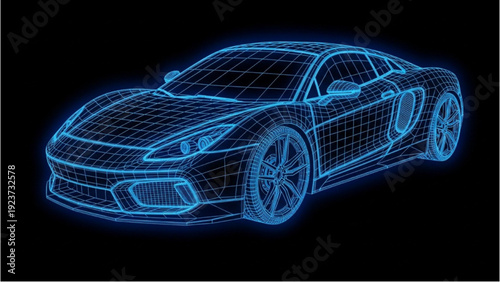 Detailed vehicle autocad blueprint of a sports car model in 3D wireframe design viewed from the front