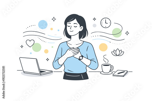 Mindful breathing at meeting break. An employee steps away from a laptop, closes eyes and inhales slowly, floating abstract dots and subtle