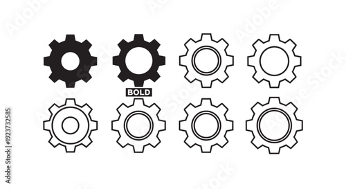 8 Gear and cog wheel outline and bold icon collection. Includes settings, preferences, and process symbols. Created in black and white line art style with monochrome palette.