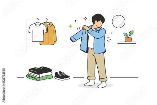 People in transitional moments. Someone changing clothes in a simple room, old outfit folded nearby, new one being put on. A quiet metaphor