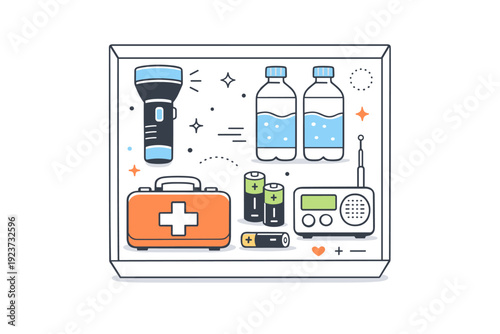 Emergency Kit Essentials. Home emergency kit layout. A clean flat lay of essential emergency supplies?flashlight, water bottle, first-aid kit, batteries?neatly