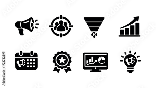 Marketing. Filled icon set of Marketing: megaphone, target audience, marketing funnel,