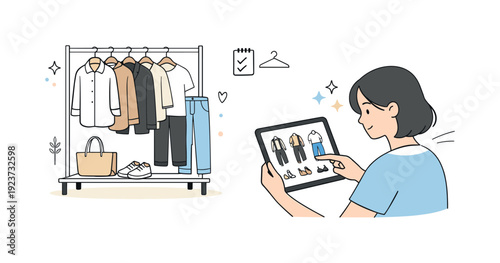 Woman browsing online clothing store on tablet, choosing outfits from a digital wardrobe
