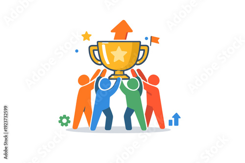 Group achievement expressed through multiple figures lifting a shared symbol upward, conveying teamwork, collective success, and mutual