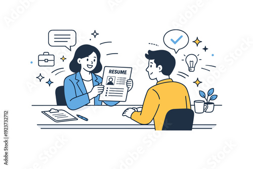 Recruiter interviewing candidate. A recruiter and a candidate sit across a desk, reviewing a resume together with subtle motion lines and stars highlighting