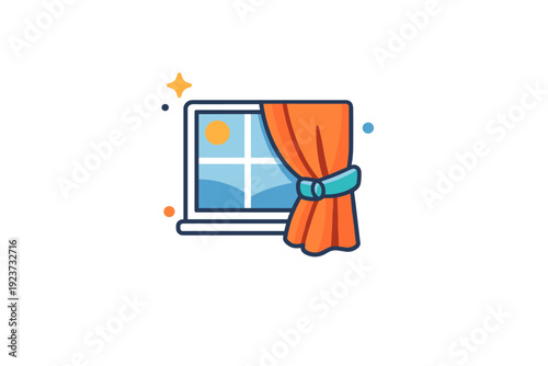 Curtain tieback abstract home decor badge combining a window, curtain, and tie detail, representing interior styling, balance, and functional