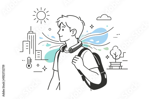 Urban cooling wearable in use. A person walking through a sunny city wearing a sleek neck fan, abstract floating shapes and lines