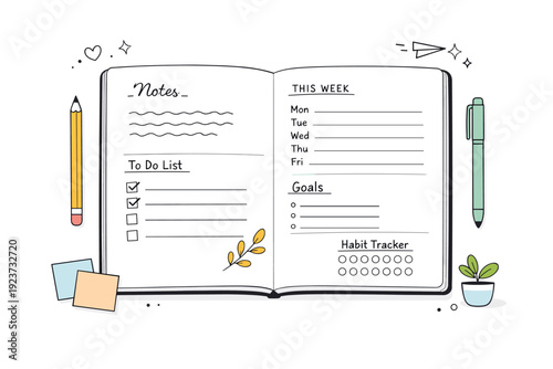 Minimalist bullet journal scene. Open pages reveal simple layouts with notes, lists, and light decorative elements, conveying clarity and calm productivity.