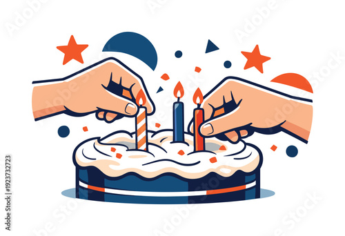 Cake decorating step. Close-up of hands pressing candles into creamy frosting, star shapes