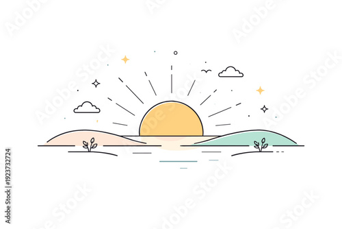 Sunrise horizon. A low sun just above the horizon, smooth color transition and peaceful stillness. Minimal landscape expressing freshness and