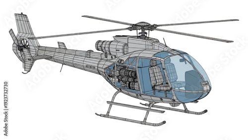 Detailed vehicle autocad blueprint of a helicopter in technical illustration from a side view