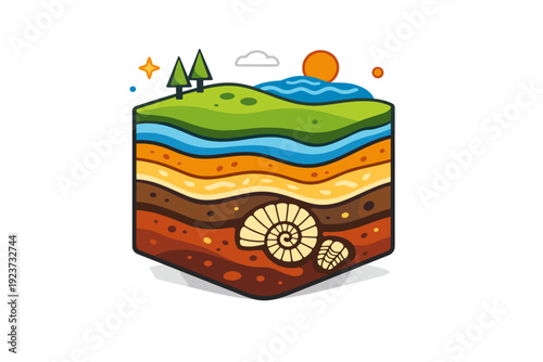 Earth science and geology explored through a compact cross section of layered rock strata with a small fossil detail, expressing deep time,