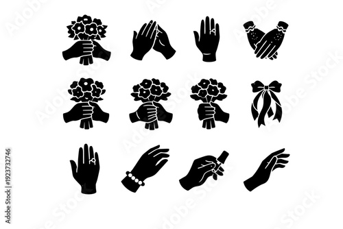 Bride Hands. Solid icon set of Bride Hands: bride hands holding bouquet, manicured hands, wedding ring hand, lace gloves, bouquet grip,