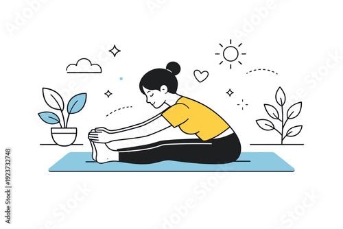 Daily yoga routine. Calm editorial composition showing a person practicing basic yoga stretches on a mat, with minimal plant shapes and soft