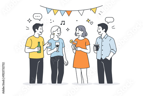 Party illustrations. Small group of people standing with drinks and simple decorations around. Light celebration mood, friendly conversation,
