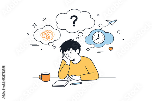 Reflective Quietude. Overthinking quiet scenes. A person sits hunched slightly forward at a table, hand resting near the face, soft thought bubbles drifting