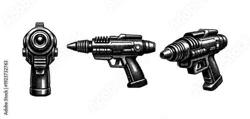 Retro sci-fi ray guns in different views, vintage illustration style