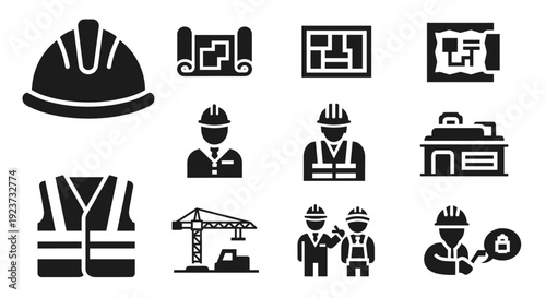 Construction silhouette icons set featuring hard hat, worker, and building elements
