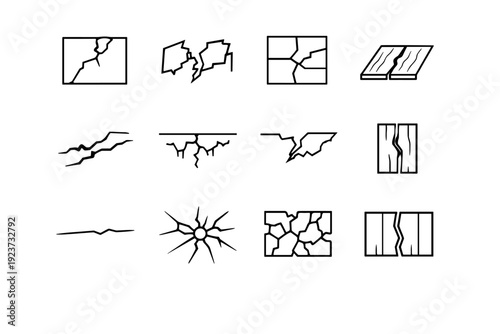 Surface Crack Icons. Surface cracks. Line icon set of Surface cracks: cracked drywall, split paint, tile crack, wooden floor crack, asphalt crack, ceiling