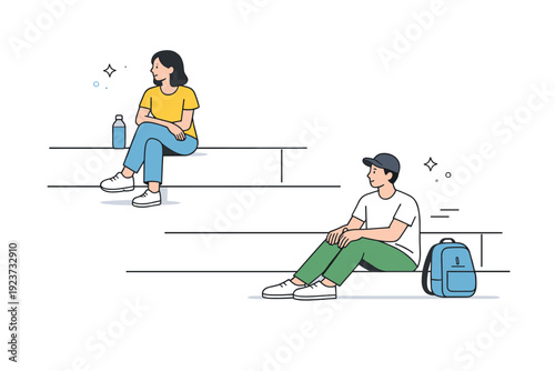 People sitting on steps. Two strangers sitting on different levels of the same steps, not interacting. Shared space, respectful distance,
