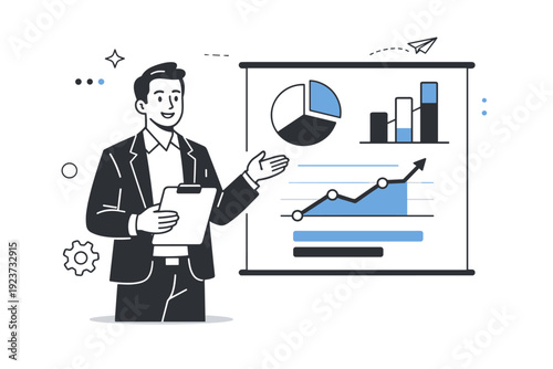 Duotone corporate presentation. A presenter standing near a screen with simple charts, explaining ideas in a confident and calm manner.