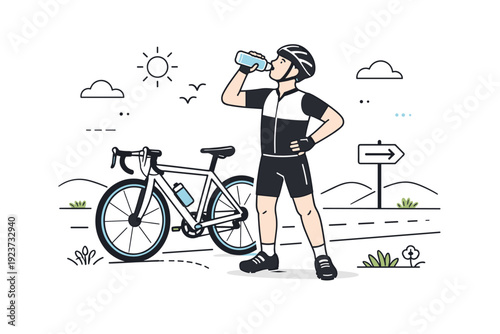 Spring cycling hydration break. Rider stopping briefly to drink water and stretch, controlled recovery and endurance planning, calm roadside