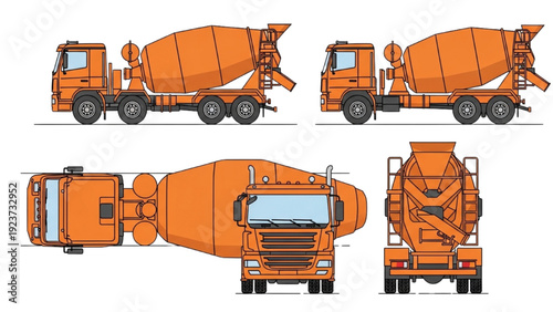 Detailed vehicle autocad blueprint of a cement mixer truck viewed from multiple angles including side front and rear perspectives