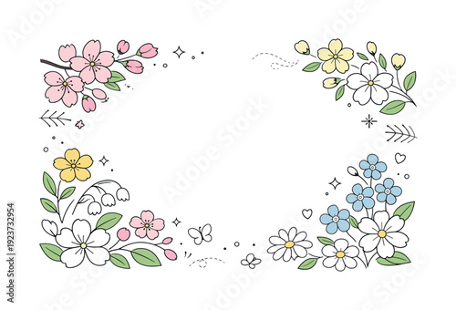 Charming hand-drawn floral border with cherry blossoms, daisies, and forget-me-nots