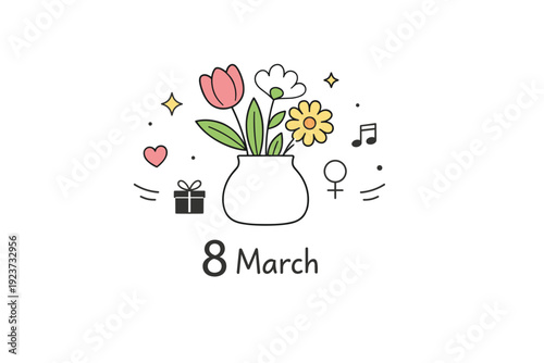 March floral designs. Minimal greeting card scene with flowers placed in a simple vase, calm pastel accents and small celebratory symbols