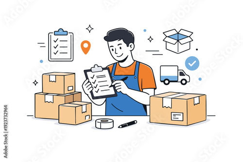 Product and order management. A business owner checking packages and order sheets, calmly organizing shipments for delivery. The scene