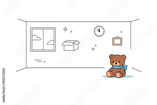 After something ended. Wide composition of a mostly empty room with one personal object left behind. Minimal editorial scene conveying