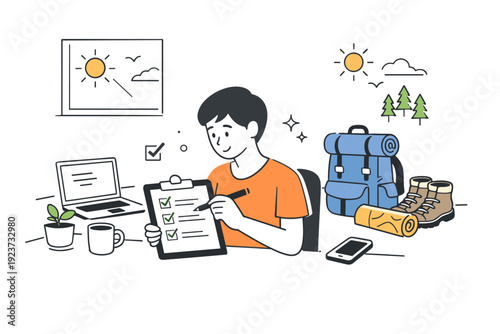 Focused work before outdoor activities. Quiet desk scene with a person checking off final tasks while sunlight and outdoor gear hint at