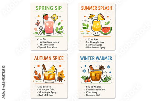 Seasonal cocktail recipe cards. Illustrated cards with fruit, herbs, and glass icons suggesting fresh seasonal drinks. Light, cheerful mood