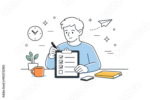 Minimum effort mindset. An employee focuses on a simple checklist, completing only assigned tasks without urgency. The mood