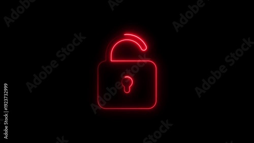 Neon red open lock on black background cybersecurity concept
