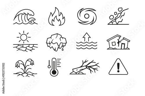 Environmental displacement causes. Line icon set of environmental displacement causes: flood wave, wildfire flame, hurricane swirl, landslide