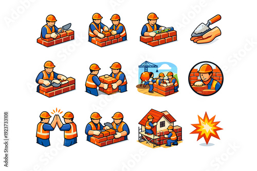 Masonry workers. Colorful isometric vector icons set of Masonry workers: workers laying bricks, teamwork building, brick alignment, trowel in