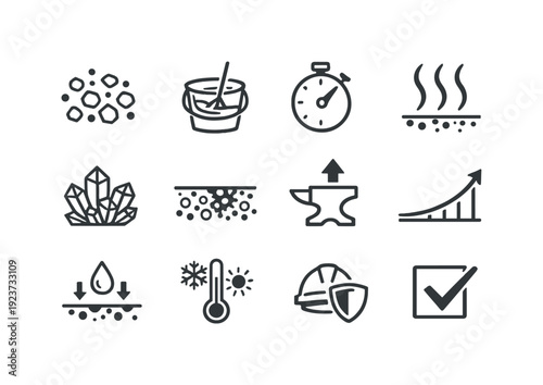 Concrete Hydration Stages. Line outline icon set of Concrete Hydration Stages: cement