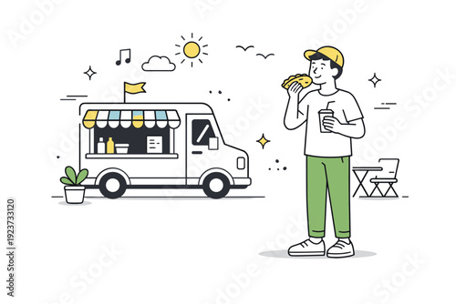 Spring food truck festivals. A quiet moment away from the crowd with a person enjoying street food while standing near a truck, gentle breeze