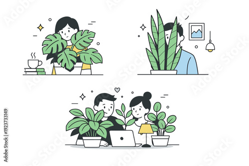Harmonious Greenery Indoors. People behind plants indoors. Individuals sit or stand behind indoor plants in a home or office, blending human presence with